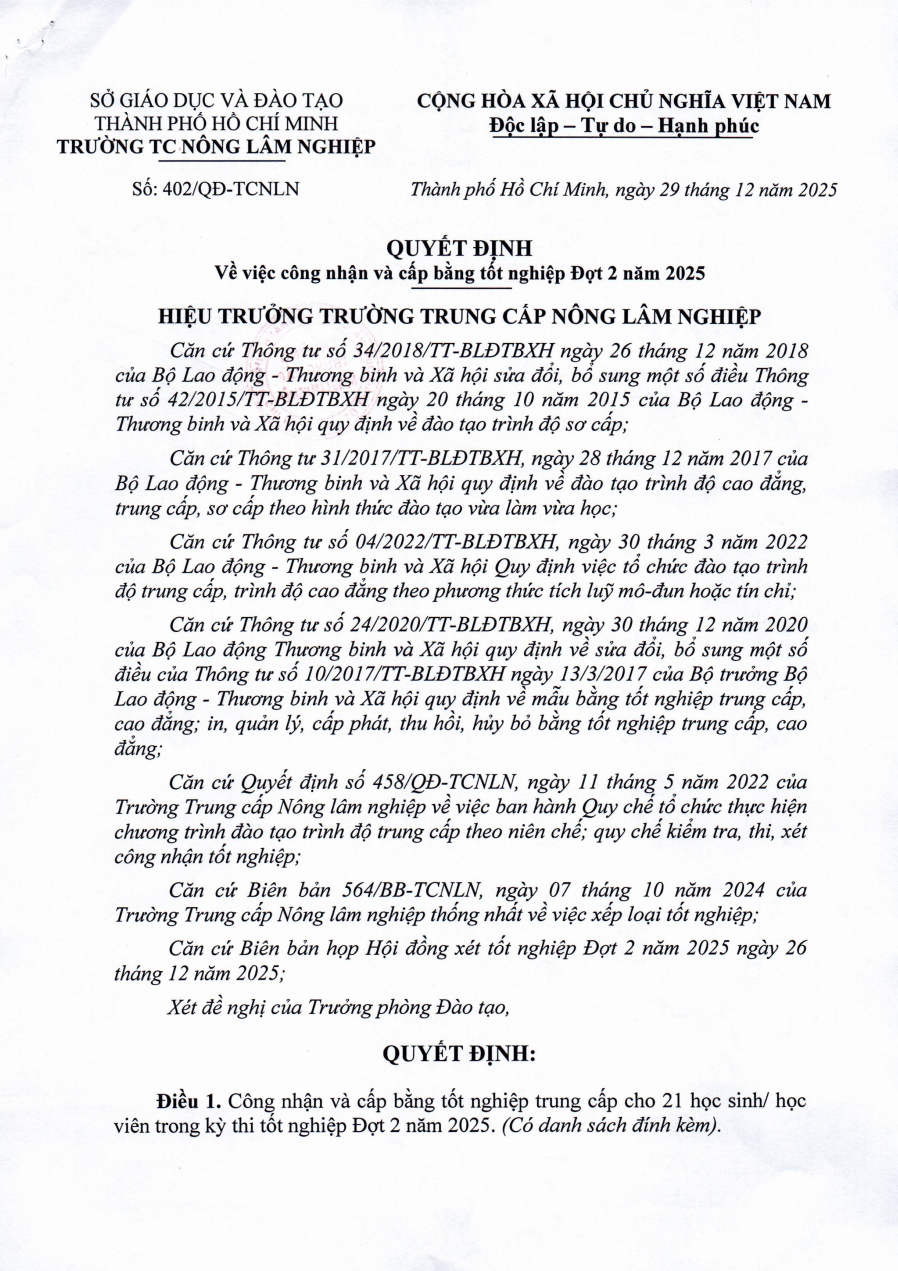 Danh sách học sinh/học viên được công nhận tốt nghiệp đợt 2 năm 2025